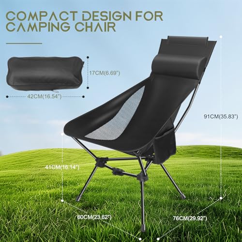 Camping Chairs, Portable Camping Chair with Headrest and Storage Bag, Lightweight Foldable Chair for Outside Camping, Hiking, Travel, Beach and Sports