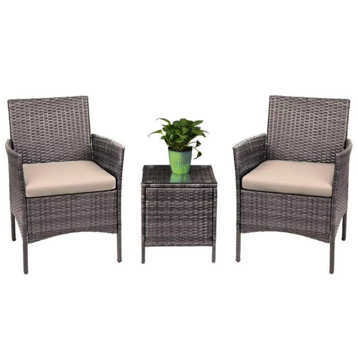 Sofia 3 Piece Rattan Bistro Patio Furniture Set- 2 Metal & Soft Cushion Chairs With a Beautiful Cafe Table - Beige