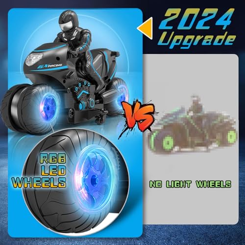 RC Motorcycle with LED Wheels, Remote Control Motorcycle 360° Spinning Wheels Stunt Motorbike - Rotating Drift 2WD High Speed Car Toys with Riding Figure - Gift for Kids Boys Girls - Blue