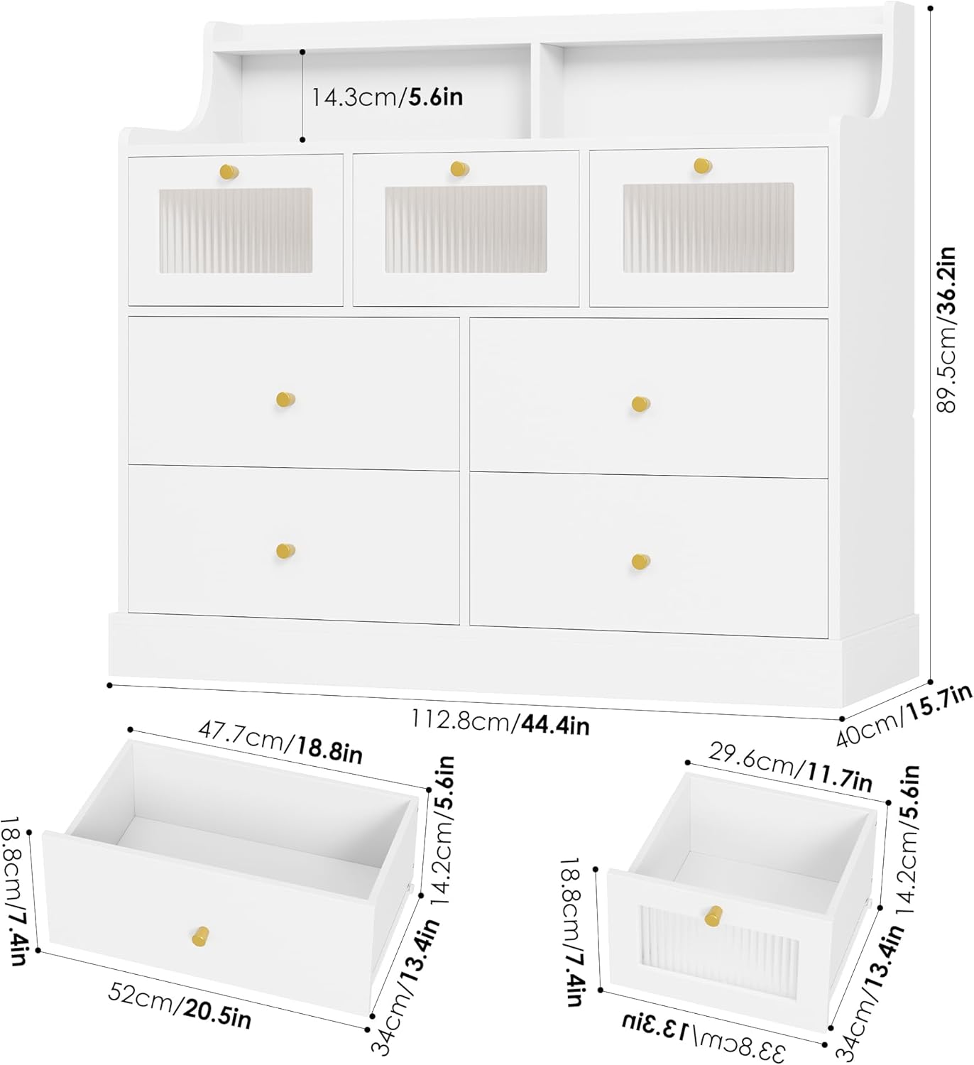 finetones 7 Drawer Dresser, White Dresser Double Dresser with Shelves, White and Gold Dresser, Wide Chest of Drawers, Dressers & Chests of Drawers, Large Wooden Storage White Dresser for Living Room