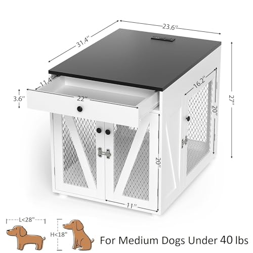 VOWNER Dog Crate Furniture, Wooden Dog Kennel End Table with USB Charging Station, Storage Drawer, Double Latched Door, Furniture-Style Crate Side Table for Small Dogs Under 25 lbs Indoor Use, White