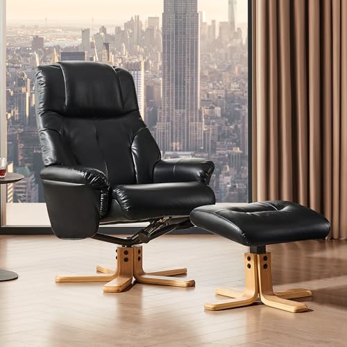 BedsPick Recliner Chair with Ottoman, 360° Swivel Reclining for Living Room Bedroom Office Rv Small Space, Comfy Modern Accent Arm Chairs, Faux Leather (Midnight)