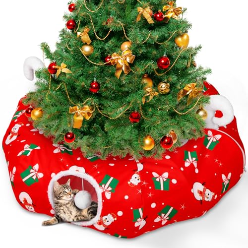 Cat Tunnel Christmas Tree Skirt, Diameter 3 Ft Round Cat Tunnel Donut with Plush Toy Ball, Under Tree Circle Bed for Small Pet Indoor Outdoor, Red Xams Festive Decorations