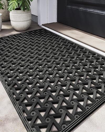 DEXI Front Door Mat Outside Entrance, 19x30 Welcome Rubber Doormat Waterproof, Drainage Heavy Duty Entry Mats with Non Slip Backing, Low Profile Dirt Trapper for Patio Entryway, Grey