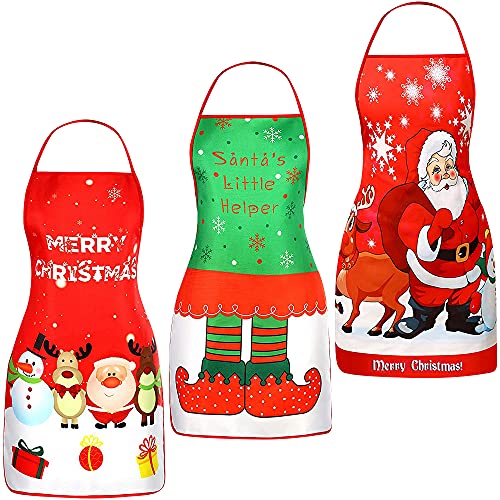 Nialnant Christmas Apron, 3PCS Christmas Kitchen Cooking Aprons with Santa Claus Elk Snowman, Adjustable Neck Strap Apron for Thanksgiving, Christmas