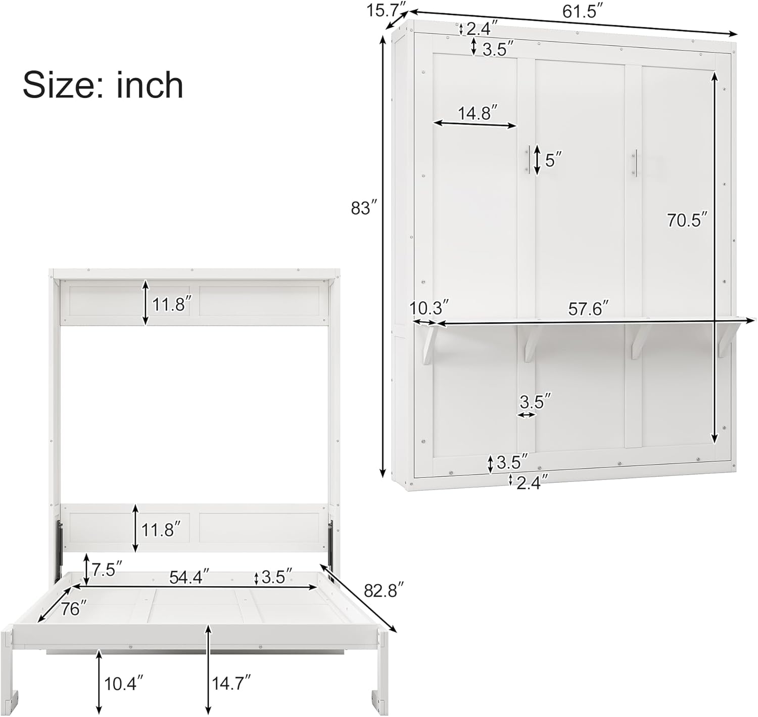 Wooden Full Size Murphy Bed 61.5-inch Cabinet Bed Folding Wall Bed with Desk Combo and 2 Side Cabinet Storage Shelf,for Small Spaces Studio Office Guest Room Use (White@USB ports/, Full)