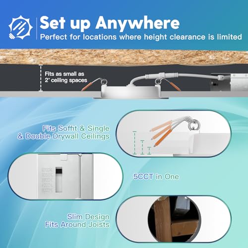 6 Pack 6 Inch 5CCT Ultra-Thin LED Recessed Ceiling Light with Junction Box, 2700K/3000K/3500K/4000K/5000K Selectable, 1050LM Brightness, Dimmable Canless Wafer Downlight, 12WEqv110W, ETL&FCC