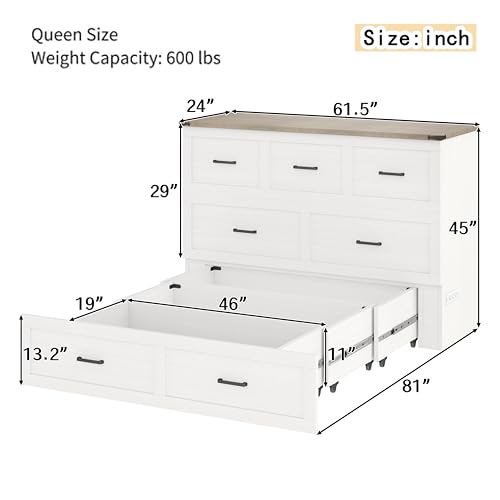 Ball & Cast Murphy Bed Queen Size,Hideaway Wall Cabinet Bed with Charging Station and 1 Large Storage Drawer,Multi-Functional Foldable Platform Beds Frame,can be Folded,for Apartment,Bedroom,White