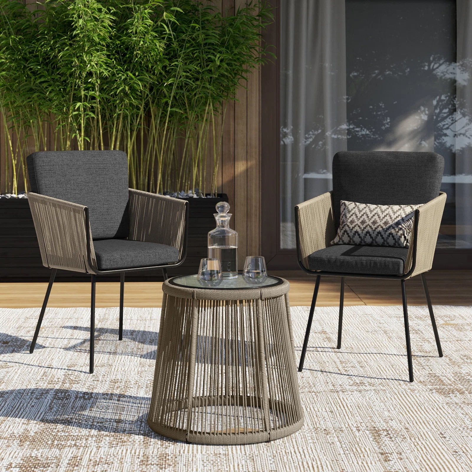 Barton 3-Pieces Outdoor Patio Wicker Chat Conversation Bistro Set (2) Chairs Armrest and Glass Table, Grey