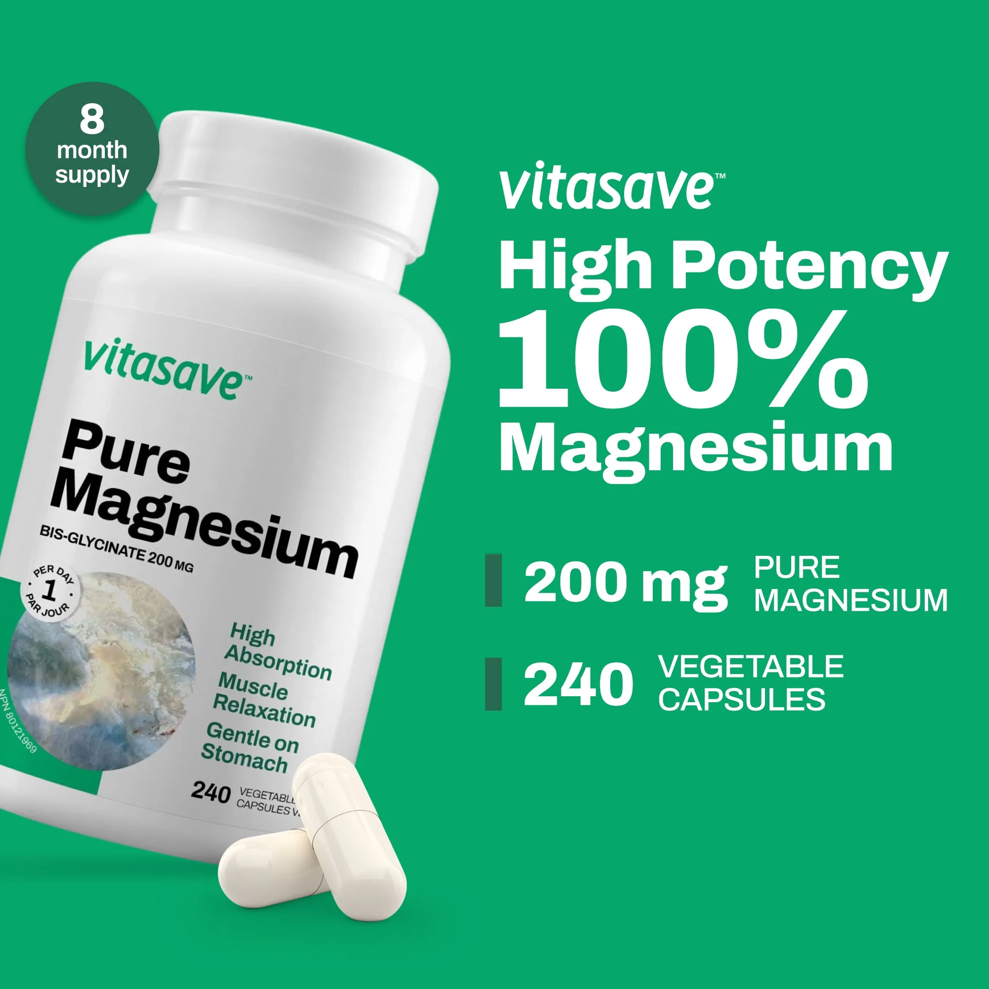 Vitasave - Pure Magnesium, 200mg Magnesium Bisglycinate Capsules, 240 Counts