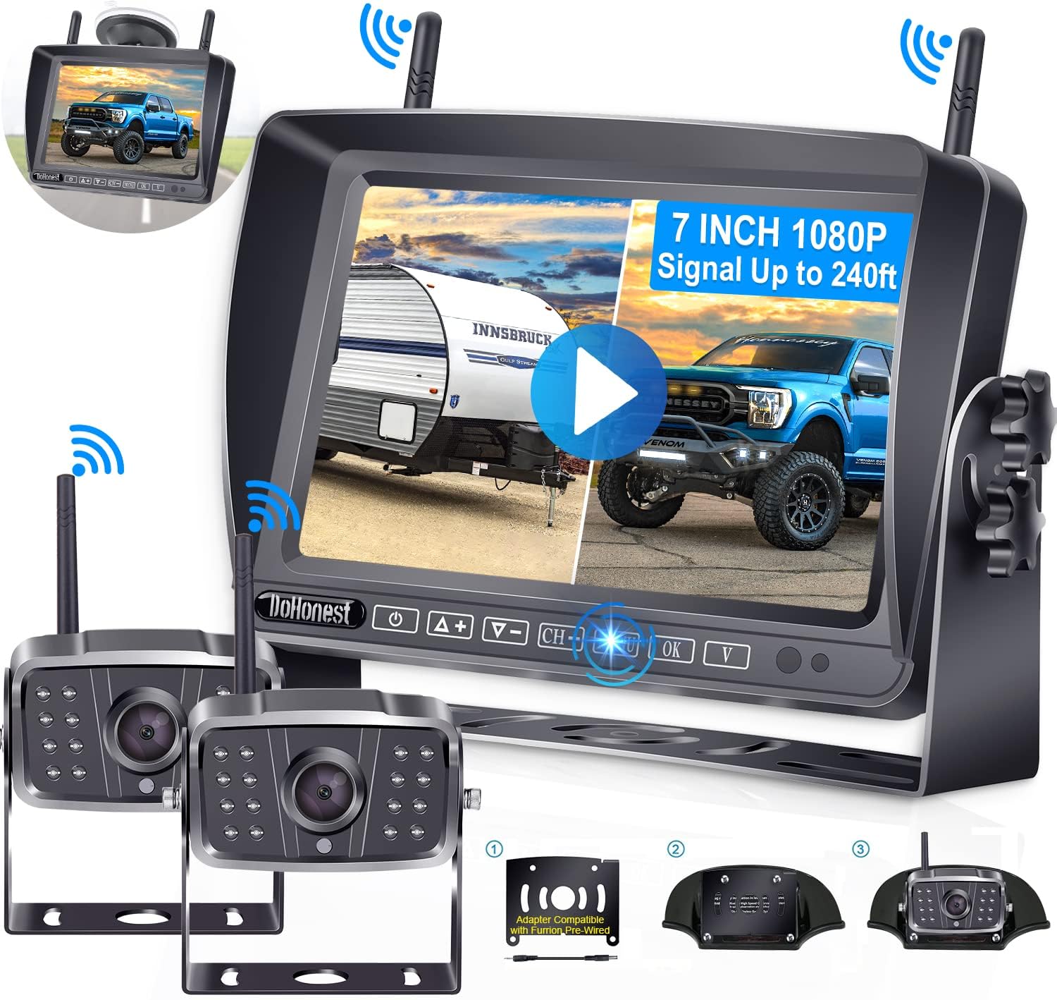 Wireless Backup Camera for RV HD 1080P 2 Rear View Camera 7���� DVR Touch Key Monitor Stable Digital Signals,Support 4 Cameras with Adapter for Furrion Pre-Wired RV,Trailer,Truck,5th Wheel DoHonest- V23