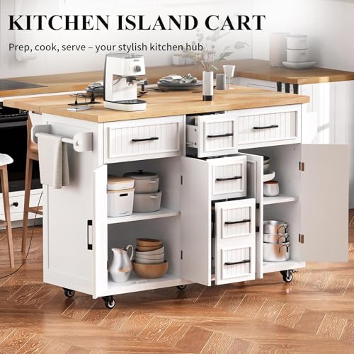 NIOIIKIT 56.5'' Kitchen Island with Drop Leaf, Rolling Trolley Island with Power Outlet (White)