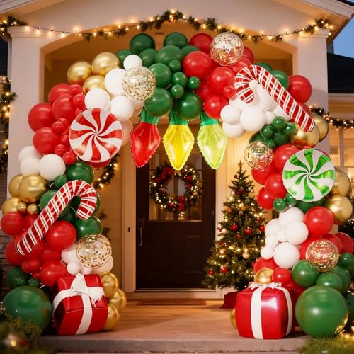 164Pcs Christmas Balloon Garland Arch Kit with Red White Gold balloons Candy Cane Gift Box Foil Balloons for Christmas Party Decorations New Year Party Supplies