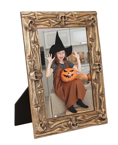 AHC HOME & LIVING 5x7 Halloween Picture Frame – Antique Gold Skeleton Metal Photo Holder, Gothic Haunted House Décor for Tabletop & Wall Display