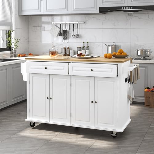 Kitchen Cart with Wood Top and Drop Leaf Breakfast Bar, Rolling Mobile Kitchen Island Table on Wheels with Drawer and Storage Cabinet, Spice Rack, Towel Rack, White