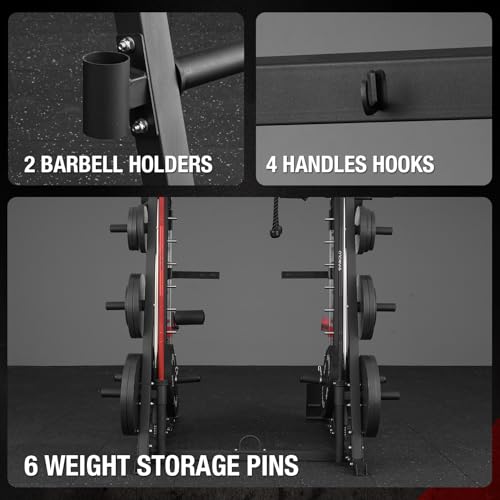 Mikolo Smith Machine, 2200lbs Squat Rack with LAT-Pull Down System & Cable Crossover Machine, Training Equipment with Leg Hold-Down Attachment