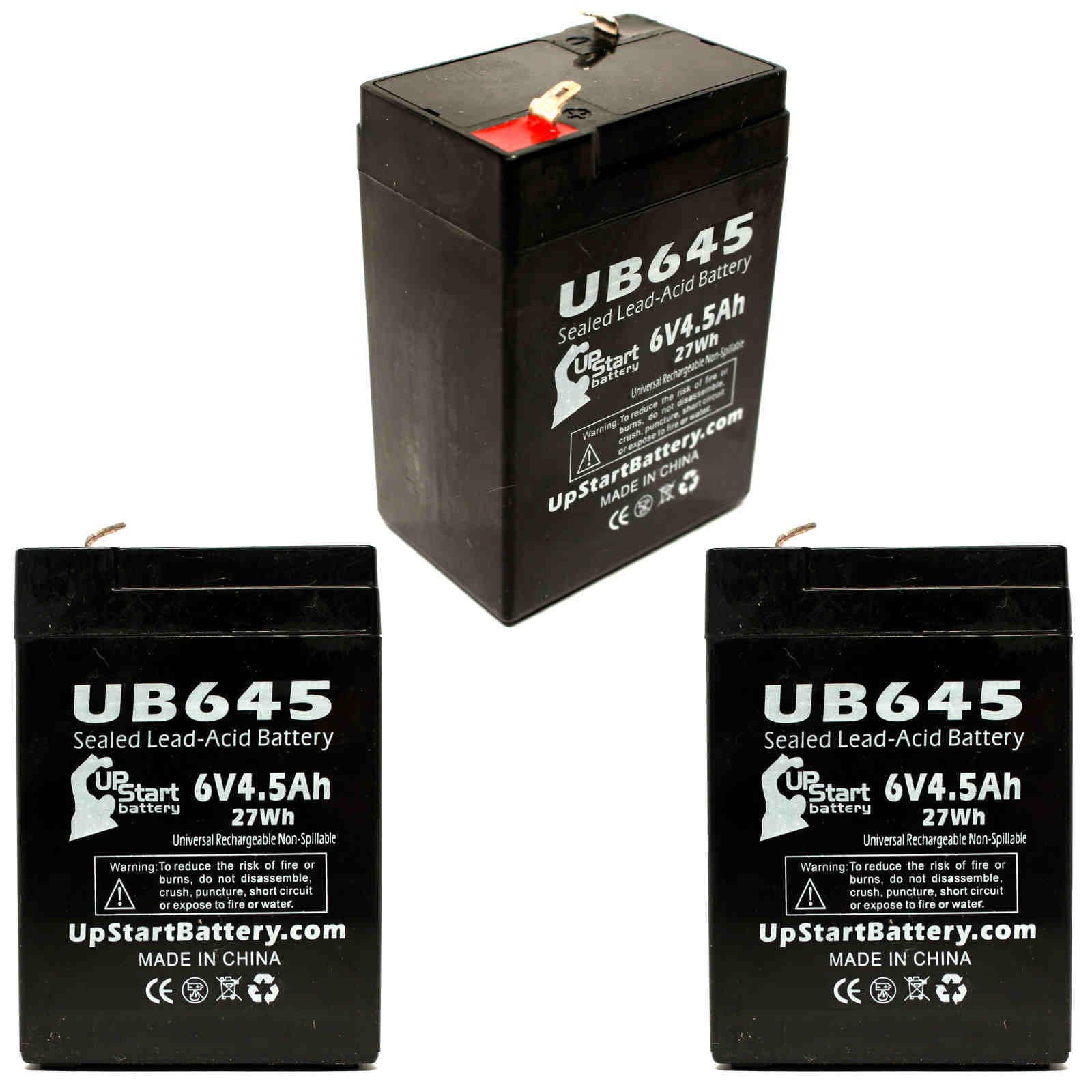 3x Pack - Compatible W. W. Grainger 5VC01 Battery - Replacement UB645 Universal Sealed Lead Acid Battery (6V, 4.5Ah, 4500mAh, F1 Terminal, AGM, SLA) - Includes 6 F1 to F2 Terminal Adapters