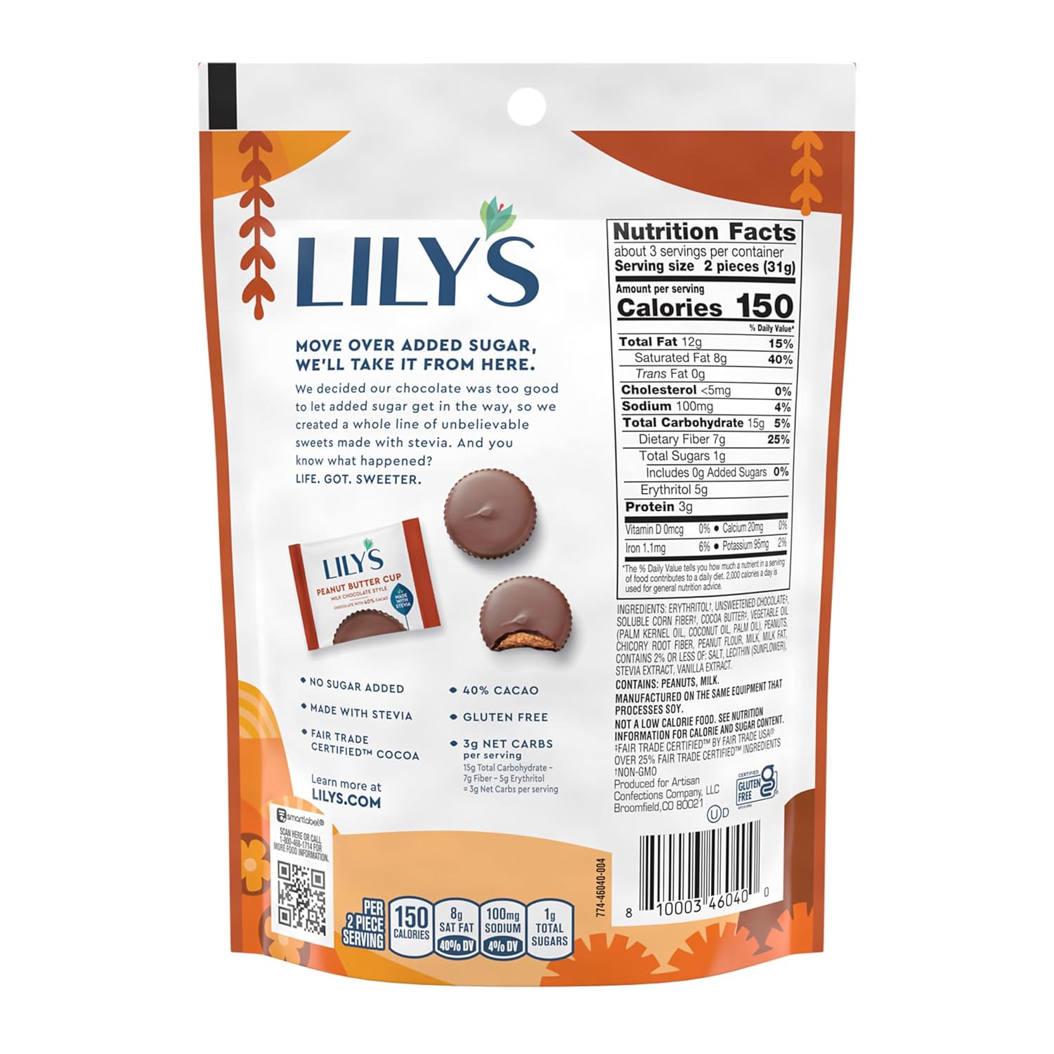 LILY'S Milk Chocolate Style No Sugar Added Peanut Butter Cups, Sweets Bags, 3.2 oz (3 Count)