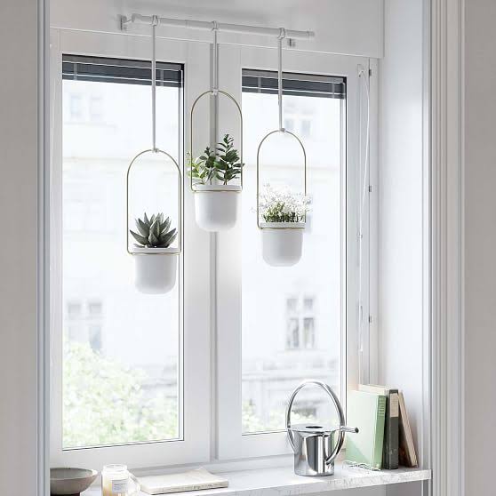 Triflora Hanging Planter, White u0026 Brass