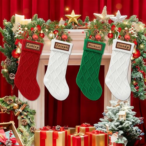 Personalized Christmas Stockings Knitted 4 Pack: Large Knit Christmas Stockings Set of 4, Custom Name with Leather Patches White Red Green Bulk Family Xmas Stocking Hanging Decorations for Home, 18''