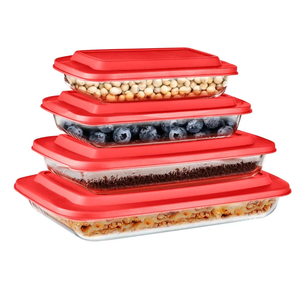 SereneLife Rectangular Glass Bakeware Set - 4 Sets of High Borosilicate with PE Lid, Heat-Resistant, Non-Slip Design, Convenient to Use & Easy to Clean, Elegant Design, Color Red
