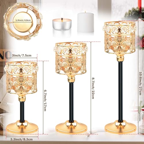 Set of 12 Floral-Carved Crystal & Metal Tealight Candelabras Bulk- Elegant Gold & Black Wedding Centerpiece, Dining Table Decor, Votive Candle Holders