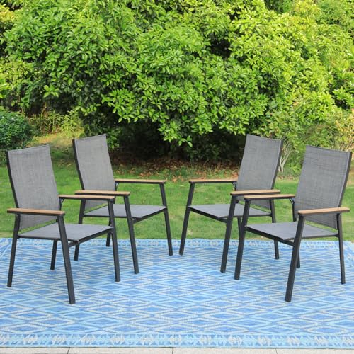 PHI VILLA Outdoor Stackable Dining Chairs Set of 6（Beige,Lightweight Aluminum Frame with Textilene Fabric & Wider Armrest,Easy to Store,Outdoor Chairs for Garden,Lawn