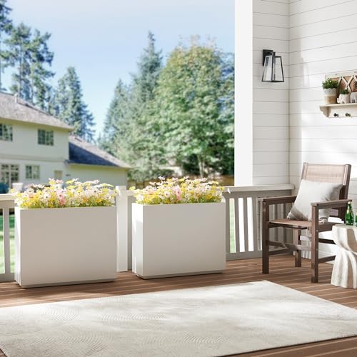 Metallic Heavy Outdoor Planter Box, Span Planter, Long and Tall Divider Planter, 38Lx10Wx30H, White, 48.8 Pounds
