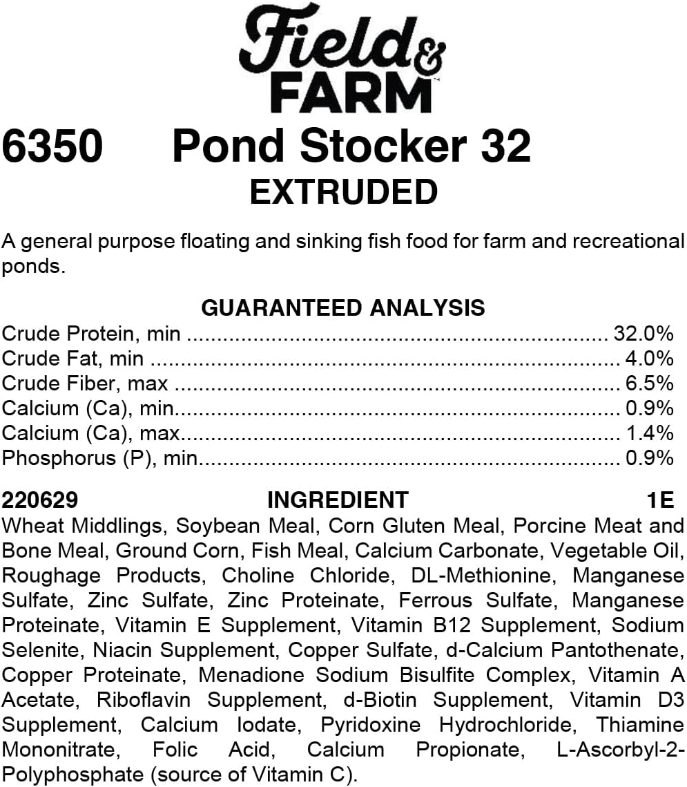 KENT Field and Farm Fish Feed, Pond Stocker 32, High Protein, Ruminant Meat-Free, Bone Meal-Free, Fixed Ingredient Formula, Ideal for Bass, Bluegill and Catfish, 25 Pound Bag
