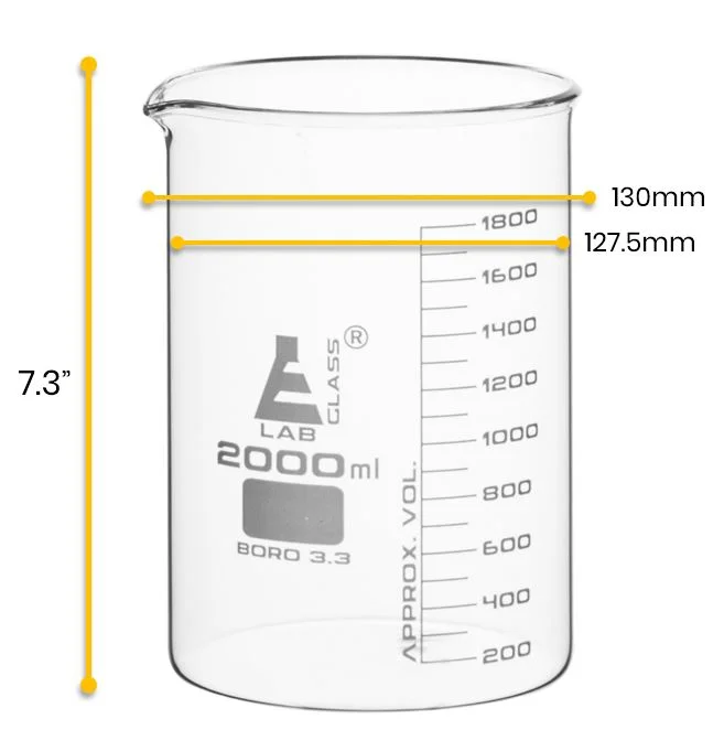 Beaker, 2000ml - Borosilicate Glass, Low Form, with Spout - 200ml Graduations - Eisco Labs