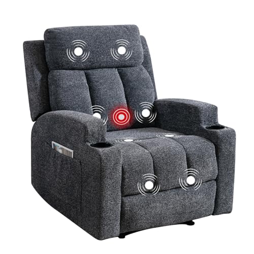 Phoenix Home Manual Recliner Chair with Massage and Heat Ergonomic Overstuffed Breathable Fabric Reclining Chair with 2 Side Pockets, 2 Cup Holders, Remote Control, Living Room, Bedroom, Gray