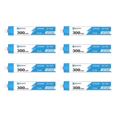 BETAFPV 8pcs BT2.0 300mAh 1S Battery 3.8V 30C/60C Lipo with 1.0mm Banana Connector for Tiny Whoop Brushless Whoop Drone Like Cetus Kit Air65 Brushless Drone