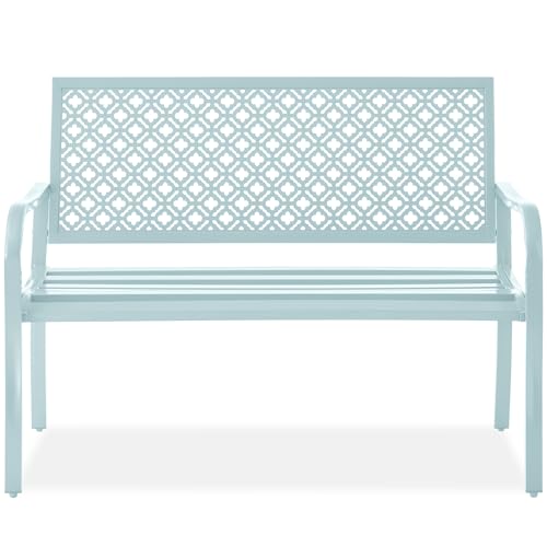 Best Choice Products Outdoor Bench 2-Person Metal Steel Benches Furniture for Garden, Patio, Porch, Entryway w/Geometric Backrest, 790lb Capacity - Rose Red