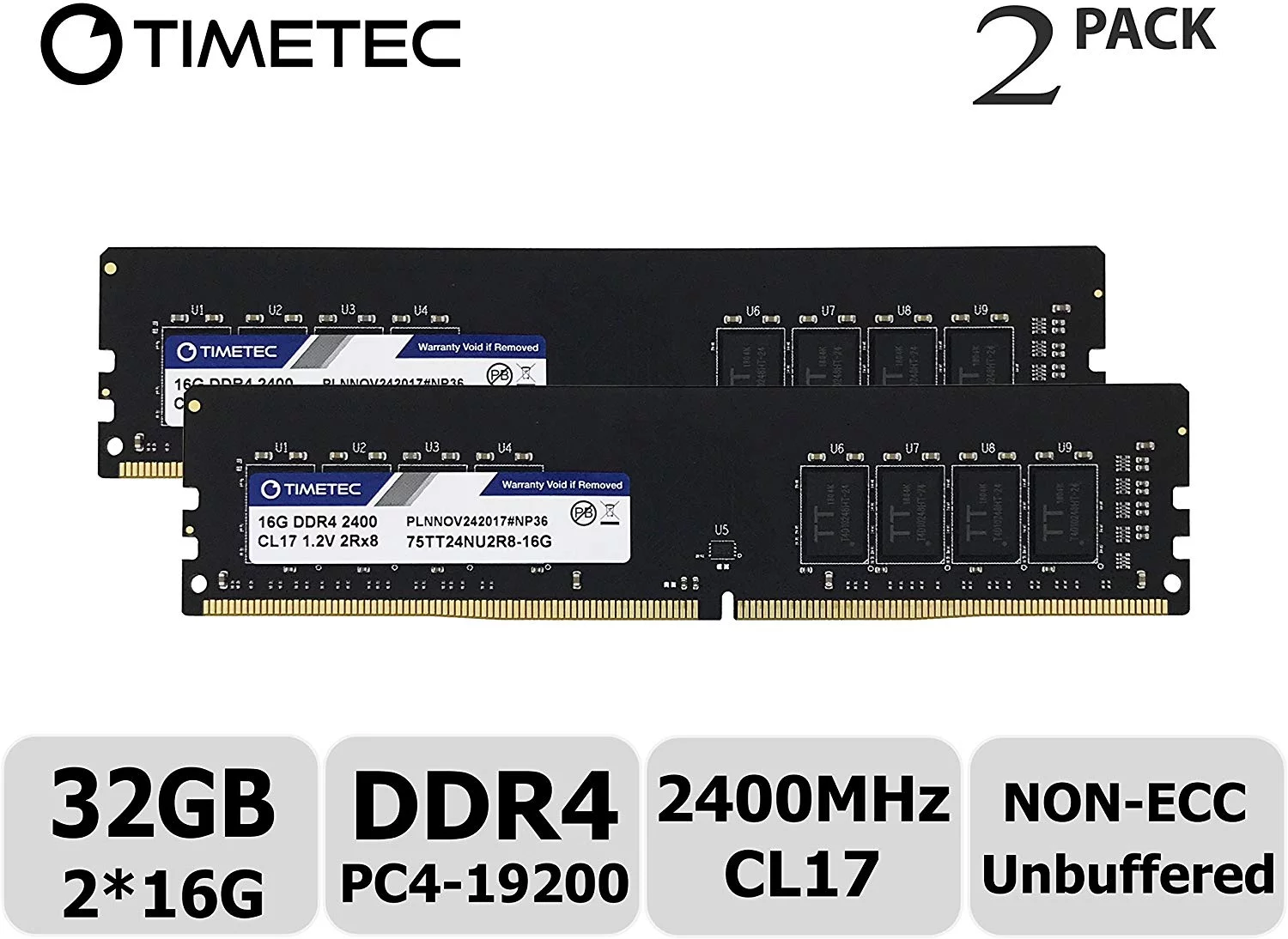 Timetec Hynix IC 32GB Kit (2x16GB) DDR4 2400 MHz PC4-19200 Non-ECC Unbuffered 1.2V CL16 2Rx8 Dual Rank 288 Pin UDIMM Desktop PC Computer Memory Ram Module Upgrade (32GB Kit (2x16GB))
