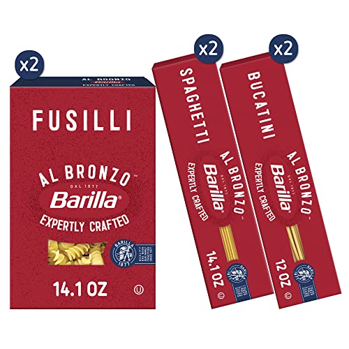 Barilla Al Bronzo Pasta Variety Pack with Fusilli, Bucatini, and Spaghetti (Pack of 6), Bronze Cut Pasta Created from a reserve batch durum wheat, Non-GMO, Kosher
