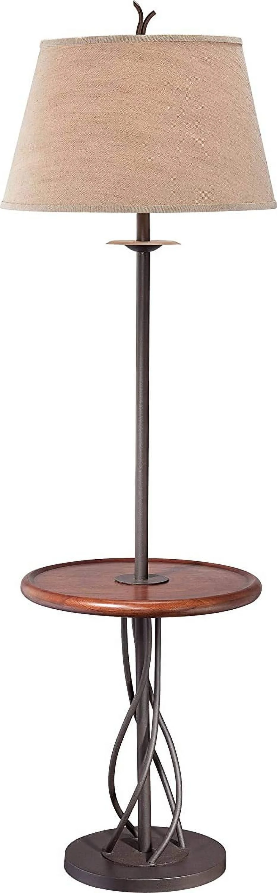 RUNFAYBIU Rustic Farmhouse Country Cottage Floor Lamp with Tray End Table 63.5" Tall Wood Twisted Iron Base Brown Linen Fabric Tapered Drum Shade for Living Room Reading House Bedroom
