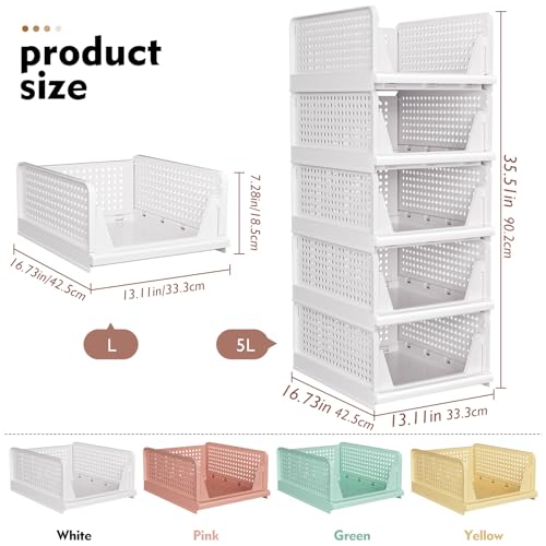 SNSLXH 5 Pack Stackable Closet Storage Basket, Multifunctional & Foldable Closet Organizer for Bathroom Kitchen Laundry Room Wardrobe Storage, Space-Saving Clothes Storage Drawer Organizer, White