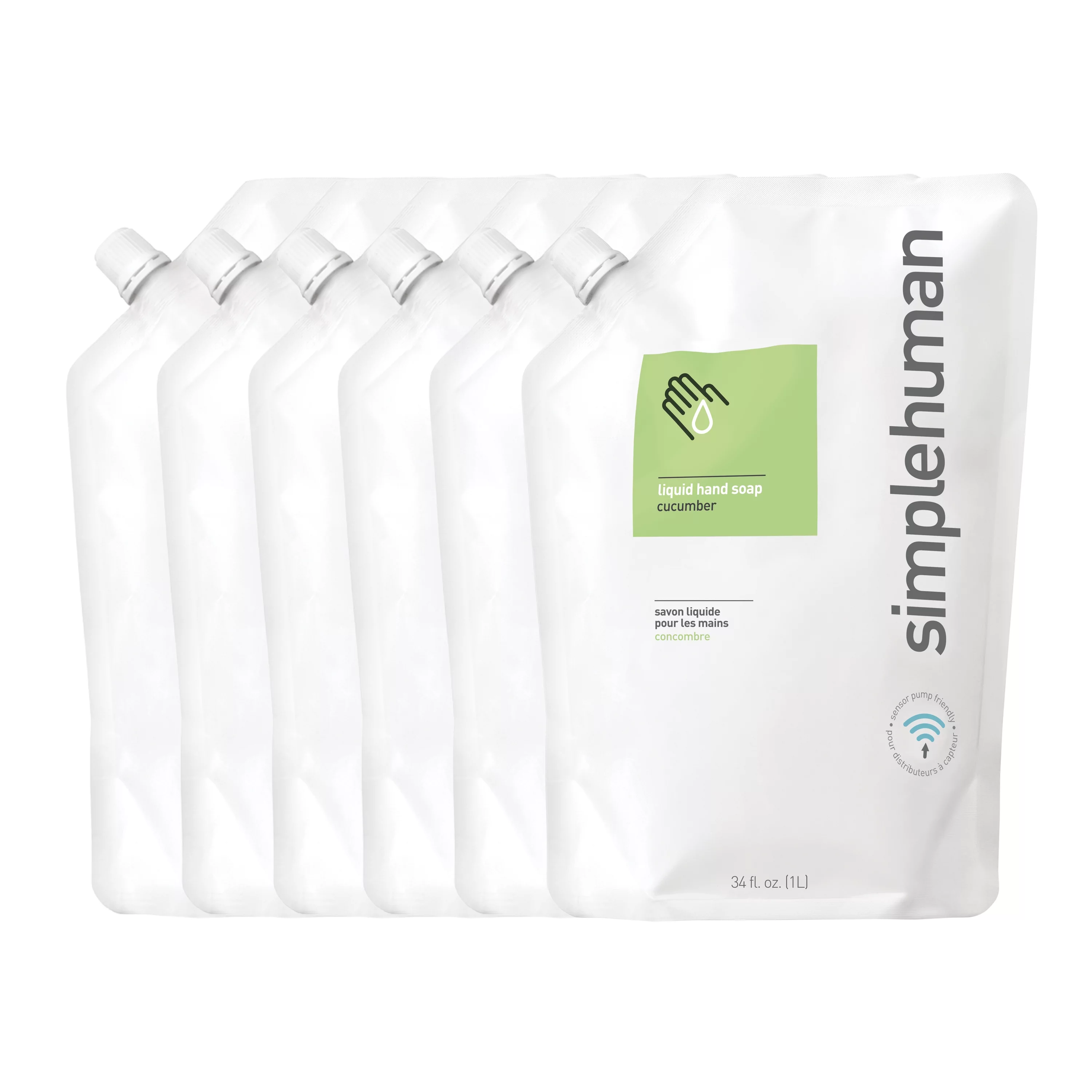 simplehuman Cucumber Moisturizing Liquid Hand Soap Refill Pouch, 34 Fl. Oz. (Pack of 6)