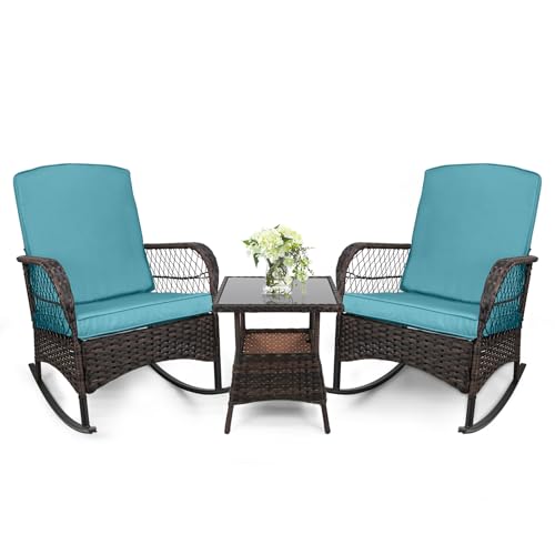 LEVELEVE 3 pcs Rocking Bistro Set Conversation Chairs PE Wicker Outdoor Rocking Chairs (Lake Blue)
