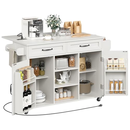 Kitchen Island with Power Outlets & Drop Leaf, Kitchen Cart with Storage, Drawer and Spice Rack, Tower Rack, Island Table, White and Walnut