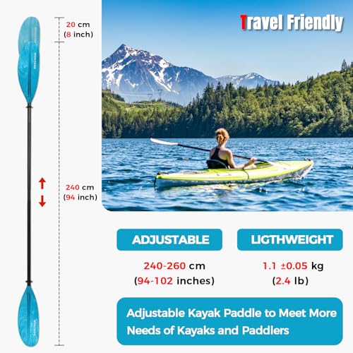 Kayak Paddles with Alloy Shaft and PP Blade, Floating Kayaking Oars, Adjustable 230-250 cm/90-98 Inches, 210-230 cm/82-90 Inches