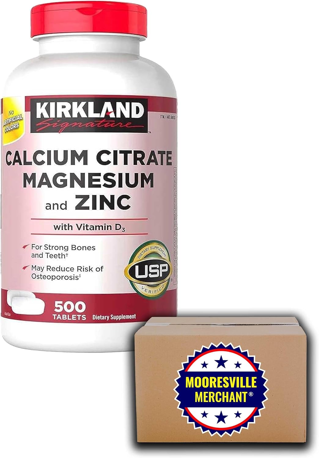 Kirkland Signature Calcium Citrate Magnesium and Zinc, 500 Tablets, 1 Bottle with Mooresville Merchant Decal