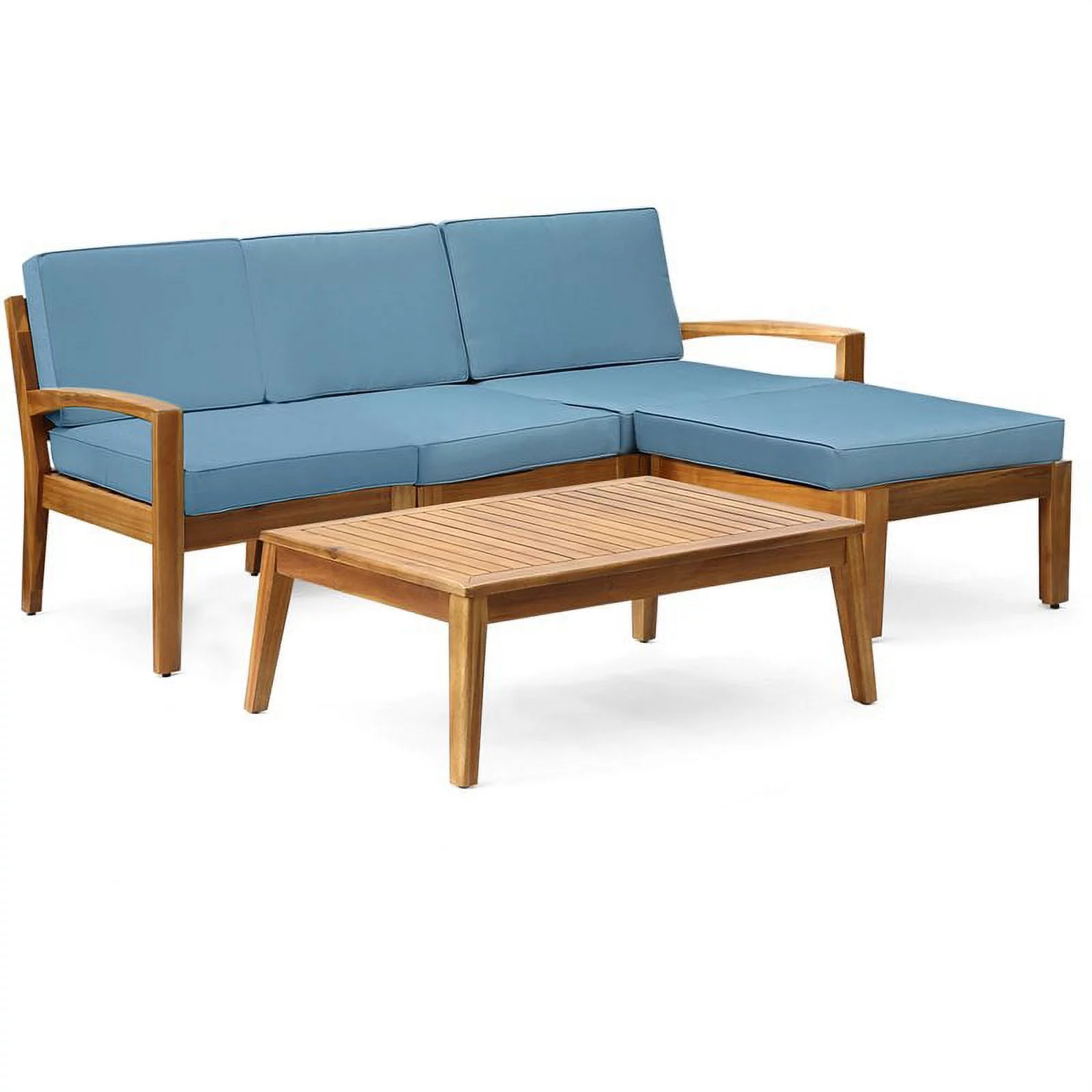 Afuera Living Outdoor 3 Seat Acacia Wood Sectional Sofa Set Teak/Blue