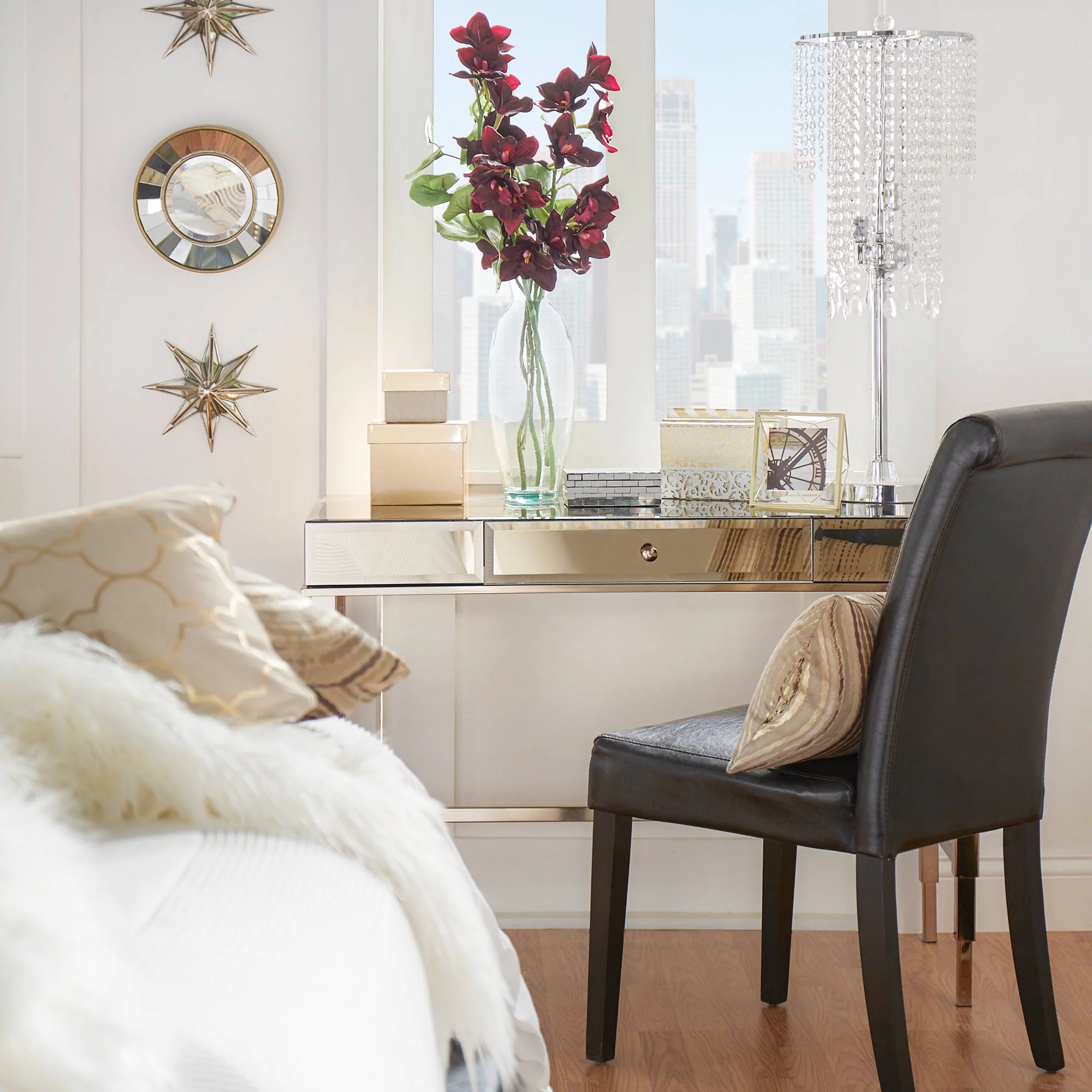 Chelsea Lane Plated Mirror Desk with Drawer, Champagne Gold