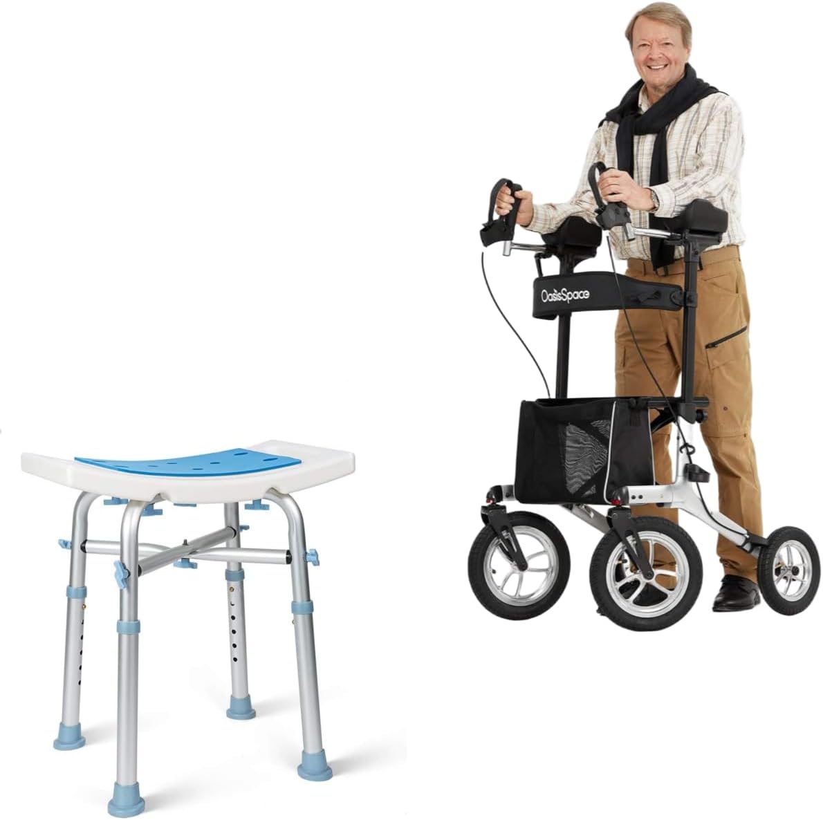 OasisSpace Upright Walker with 12” Pneumatic Wheel and Padded Bath Seat with 6 Height Adjustable Tube