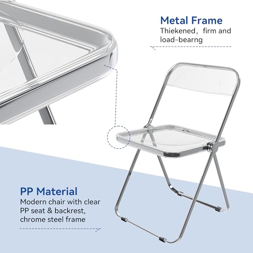 Acrylic Folding Chairs with Stackable, Clear Plastic Chair with Crystal Seat-PC & Metal Chrome Frame, Weight Capacity 350 lbs, 2 Pack,Transparent