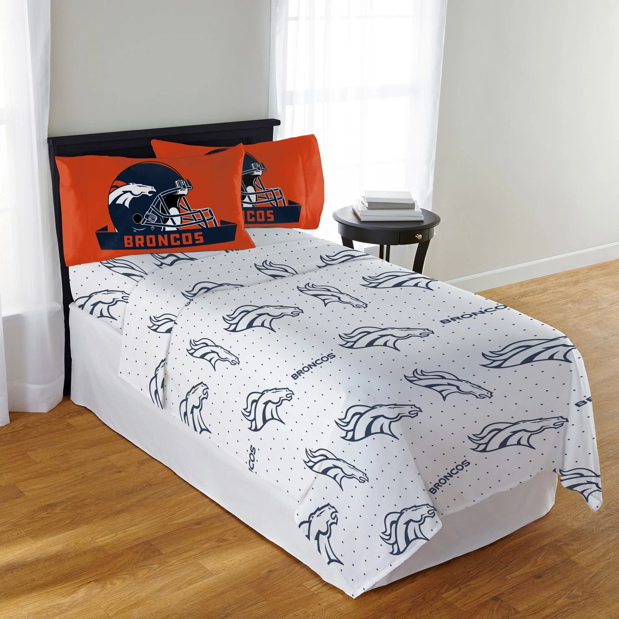 NFL Denver Broncos Queen Sheet Set, Monument Design, Allover Print, Team Colors, 100% Polyester, 4 Piece Set