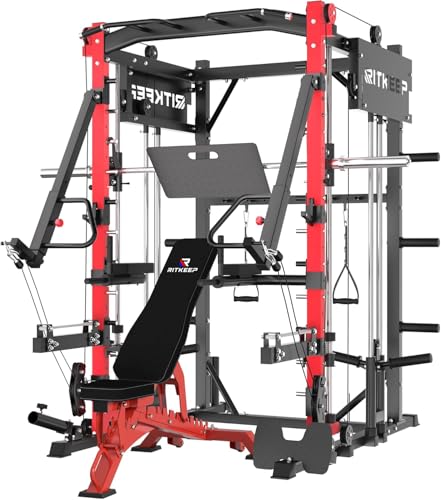 Smith Machine with Jammer Arms & Leg Press with Adjustable Dual Pulley Ratio (1:1 & 2:1), PMAX-4750 All-in-One Commercial & Home Gym Equipment, Heavy-Duty Steel Frame by RitKeep