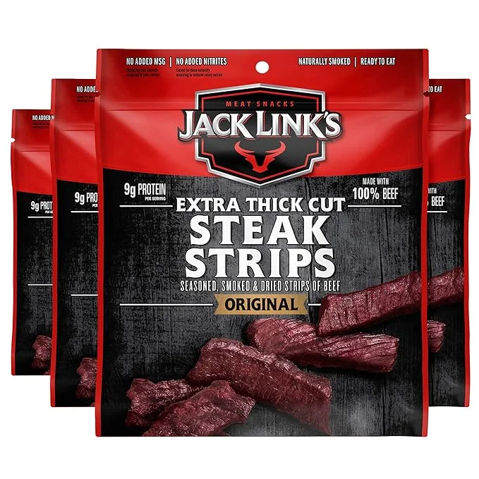 Jack Link's Extra Thick Cut Steak Strips, Beef Jerky, Original Flavor, Ready to Eat Snack Bags, 9g of Protein, 70 Calories, Made with Premium Beef, 96 Percent Fat Free, 2.6 Oz (Pack of 4)