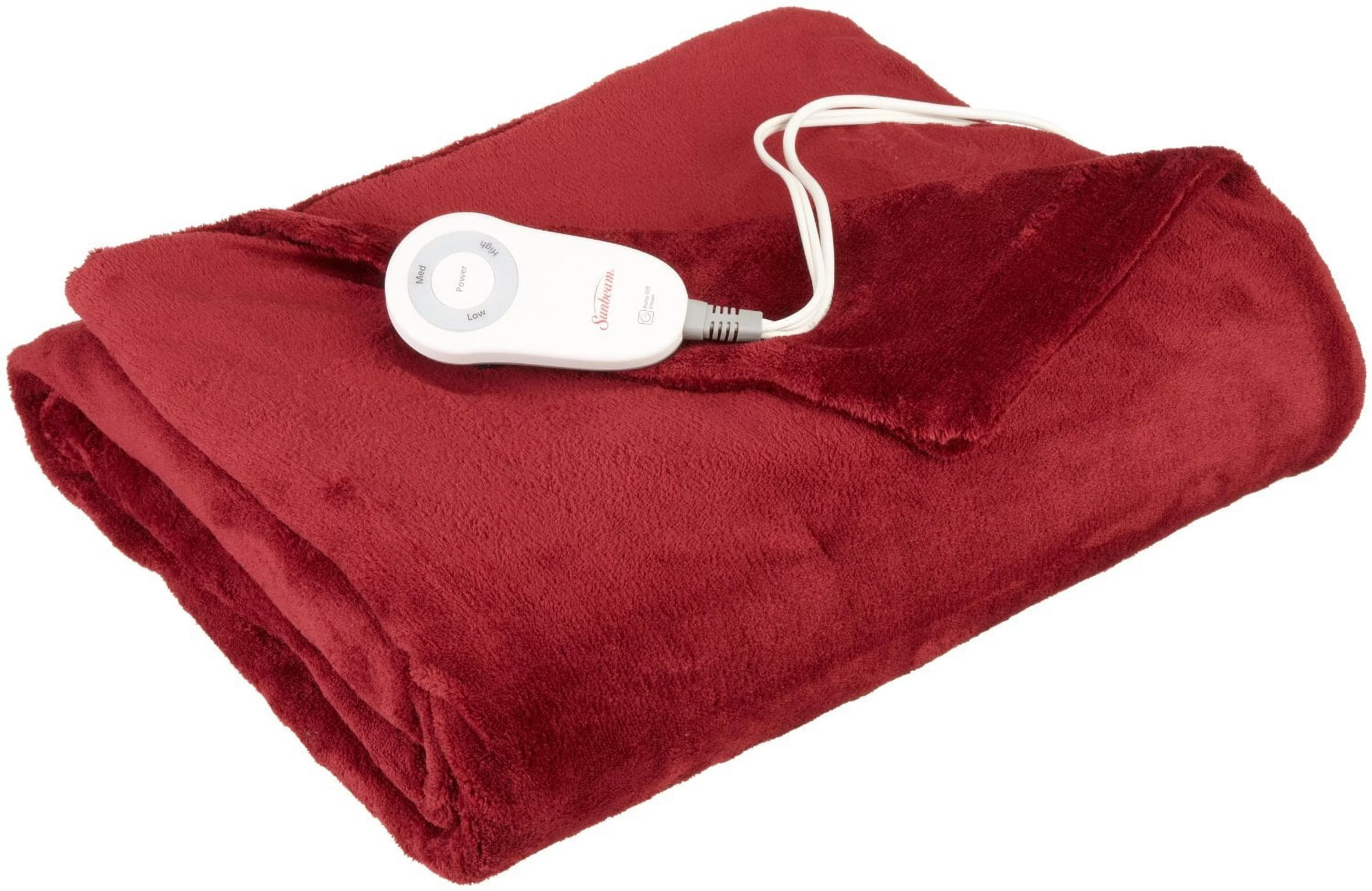 Sunbeam Electric Heated Throw Blanket Microplush Washable with 3-Heat Setting Auto-Off Controller, (Garnet Red)